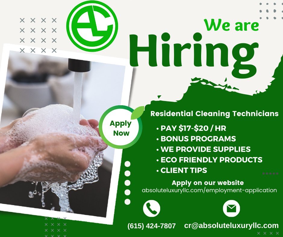 Hiring Cleaning Techs in the following areas. Brentwood, Tn 37027, Antioch Tn, 37013